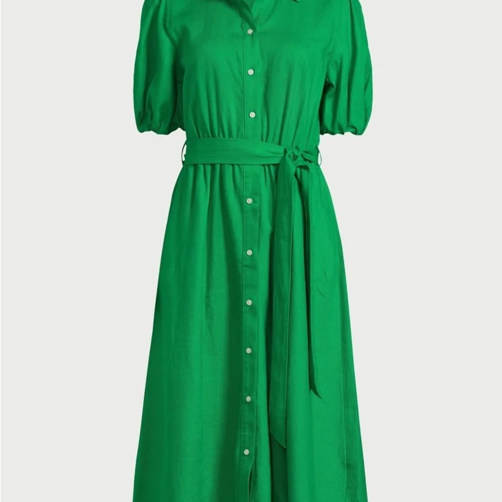 Green Puff Sleeve Midi Dress with Notched Collar